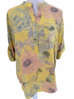 Italy Moda Yellow Floral Dragonfly Cotton Button-Front Tunic Shirt OS